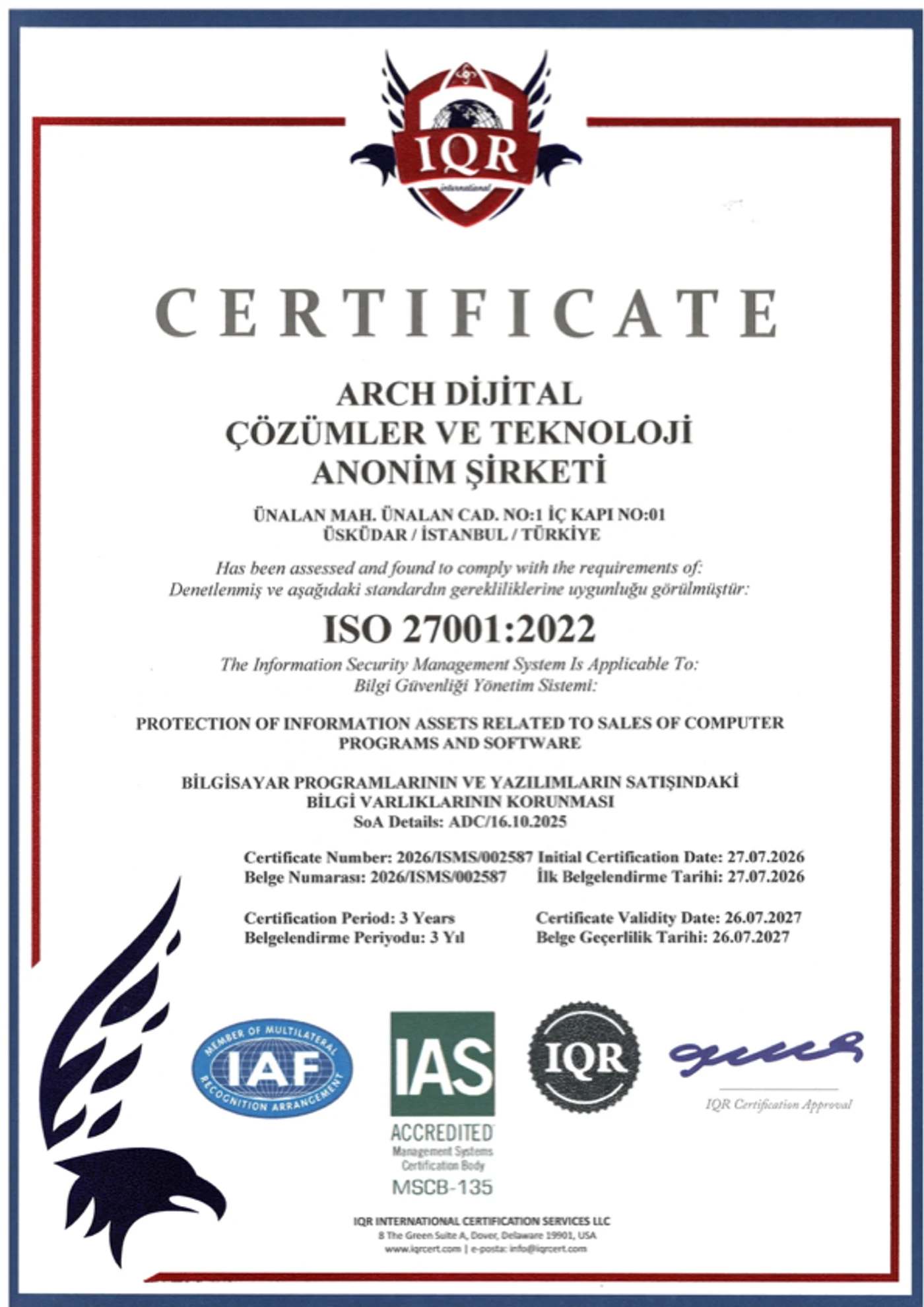 ISO 27001:2022 sertifikası belgesinin taranmış görüntüsü