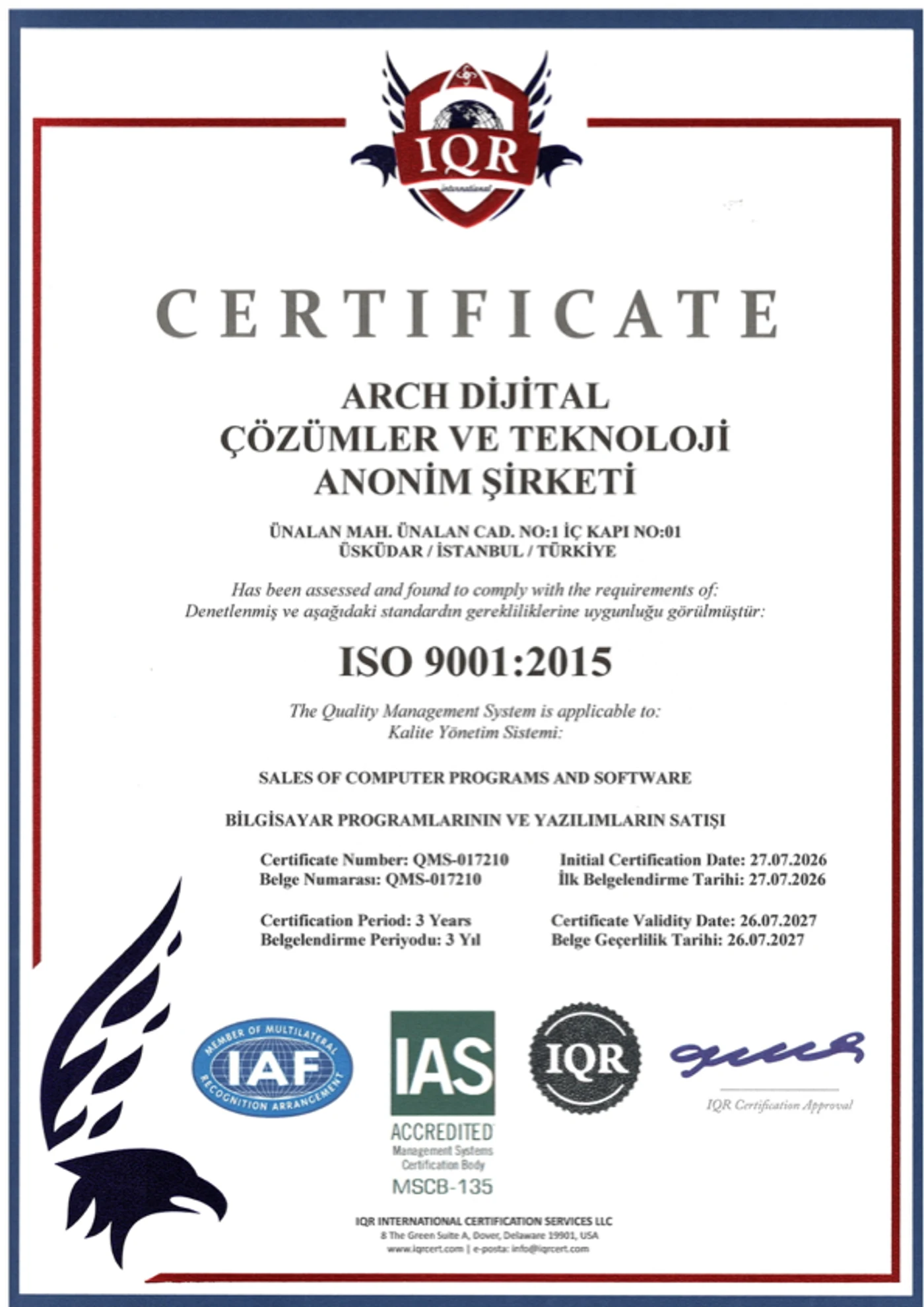 ISO 9001:2015 sertifikası belgesinin taranmış görüntüsü